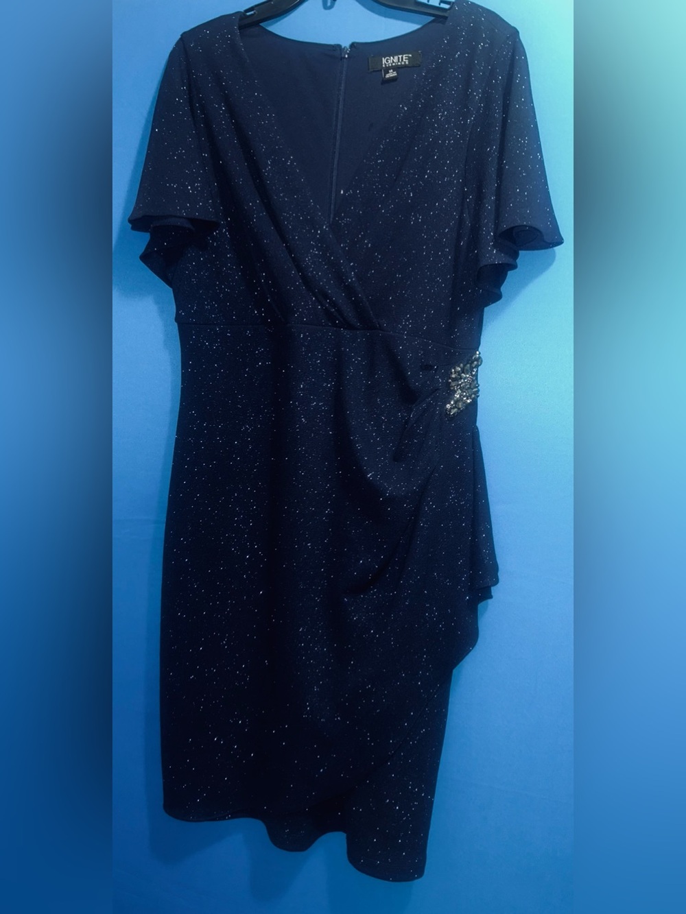 Ignite Navy Sparkle Wrap-Front Midi Dress with Side Embellishment